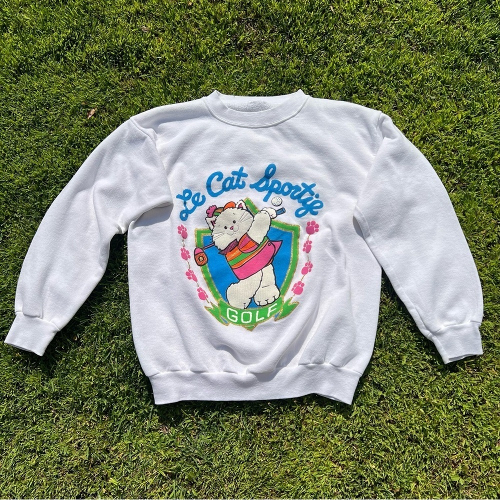 VTG Le Cat Sportif Golfing Kitty Cat Puff Print Crewneck Sweatshirt Kitschy GUC